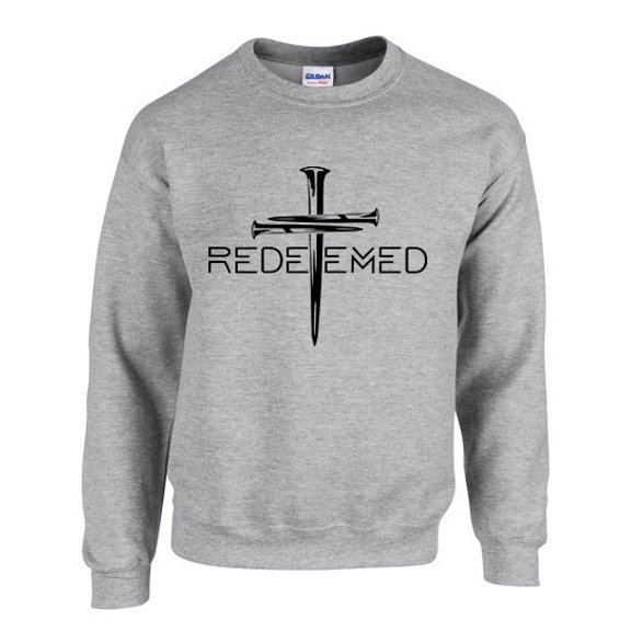 Mens Chrisitian Sweatshirt Redeemed Cross Nails Crewneck Sweatshirt-Sports Grey-medium