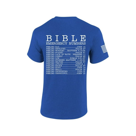 Mens Christian Bible Emergency Numbers Scripture Short Sleeve T-shirt Graphic Tee-Antique Royal-xxxl