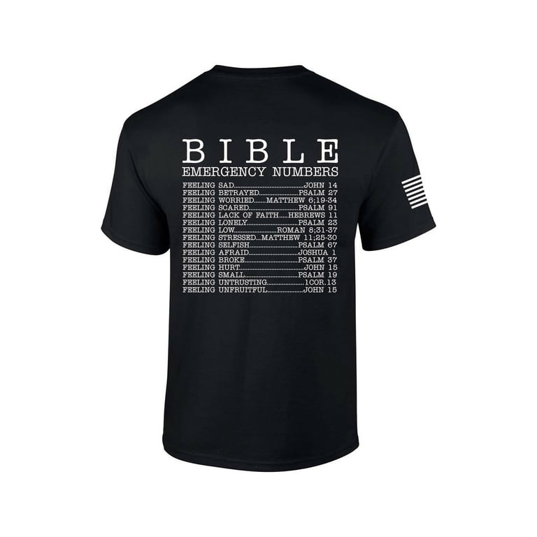 Mens Christian Bible Emergency Numbers Scripture Short Sleeve T shirt Graphic Tee Black xl