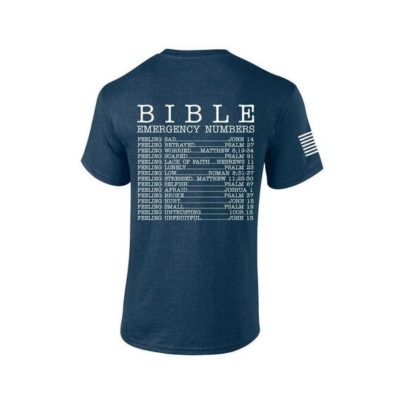 Mens Christian Bible Emergency Numbers Scripture Short Sleeve T-shirt Graphic Tee-Heather Navy-large