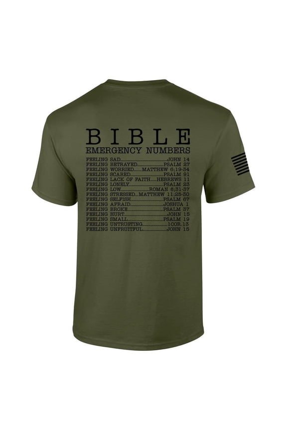 Mens Christian Bible Emergency Numbers Scripture Short Sleeve T-shirt Graphic Tee-Military-large