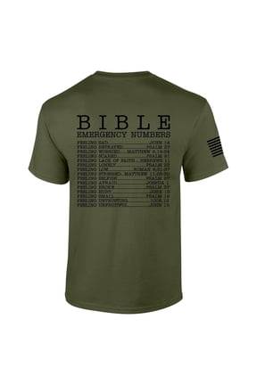 Mens Christian Bible Emergency Numbers Scripture Short Sleeve T-shirt Graphic Tee-Military-large
