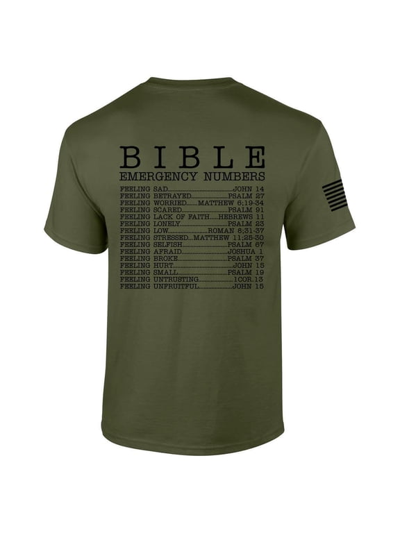 Mens Christian Bible Emergency Numbers Scripture Short Sleeve T-shirt Graphic Tee-Military-large