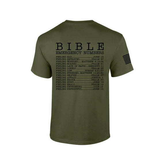 Mens Christian Bible Emergency Numbers Scripture Short Sleeve T-shirt Graphic Tee-Military-xxl