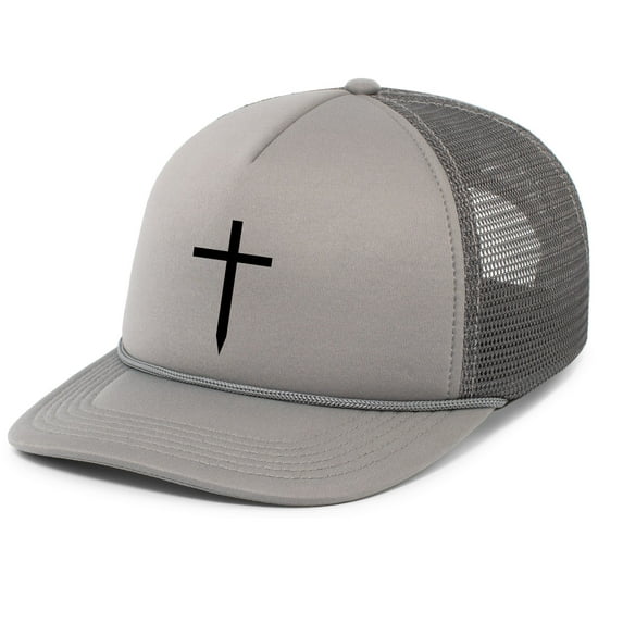 Mens Christian Cross Embroidered Rope Hat Foam Front Mesh Back Trucker Hat, Graphite/Graphite