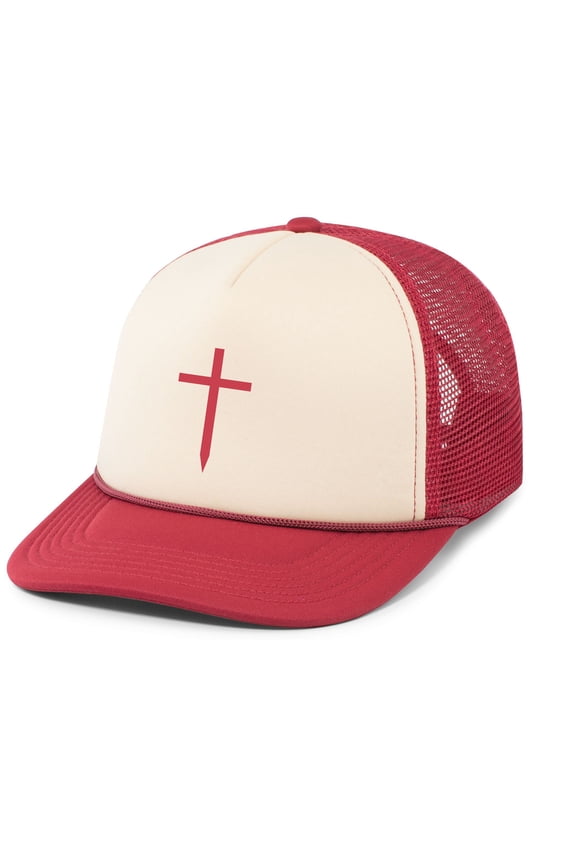 Mens Christian Cross Embroidered Rope Hat Foam Front Mesh Back Trucker Hat, Khaki/Dark Red/Dark Red