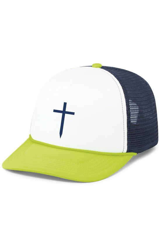 Mens Christian Cross Embroidered Rope Hat Foam Front Mesh Back Trucker Hat, White/Navy/Chartreuse