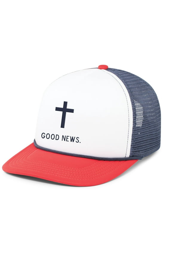 Mens Christian Good News Cross Embroidered Rope Hat Foam Front Mesh Back Trucker Hat, White/Navy/Red