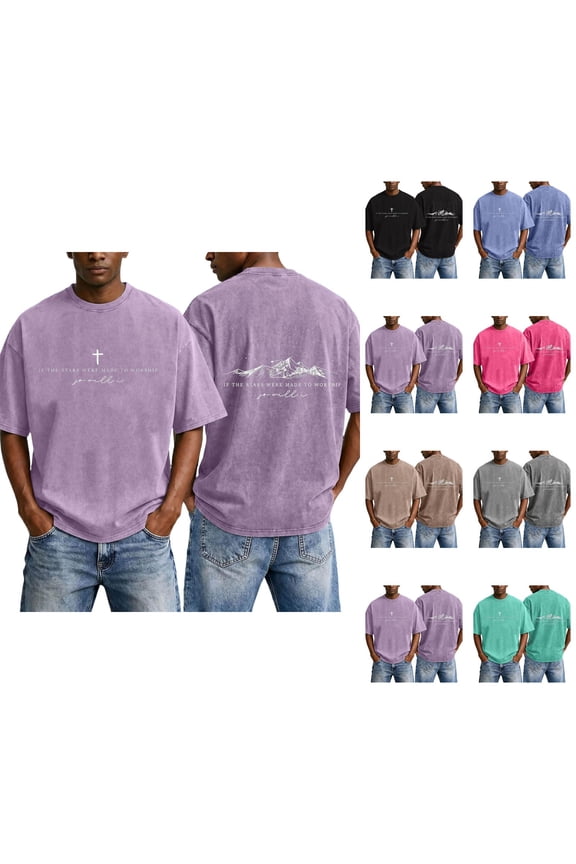 Mens Christian Graphic Shirts - 'So Will I' Faith Cross Vintage Washed Oversized Tshirts Religious Back Print Tops Casual Streetwear Summer Clothes