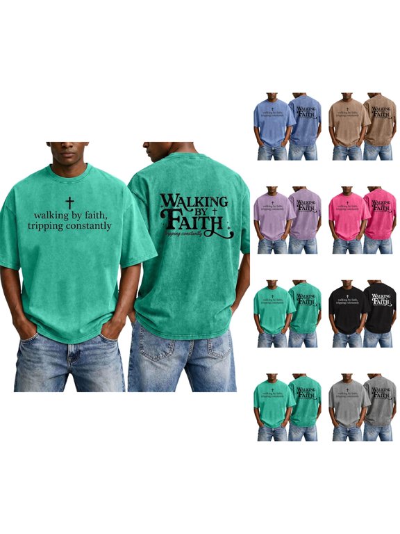 Mens Christian Graphic T Shirts - 'Walking By Faith Tripping Constantly' Vintage Acid Wash Tshirt Oversized Faith Quote Religious Casual Tops for Streetwear Summer Vacation