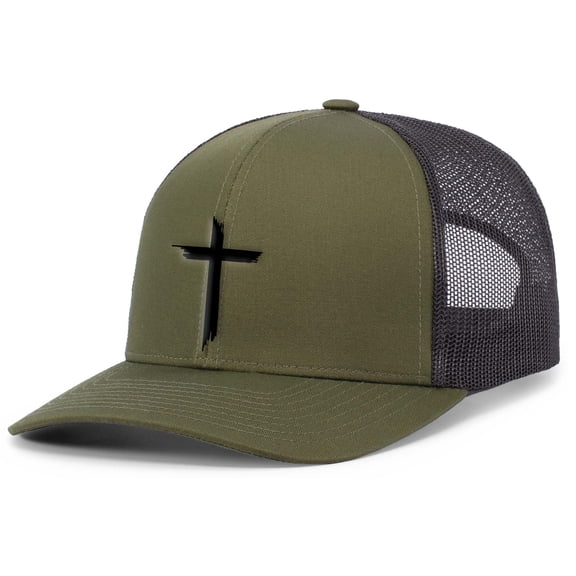 Mens Christian Hat Brush Cross Embroidered Mesh Back Trucker Hat, Loden/Black