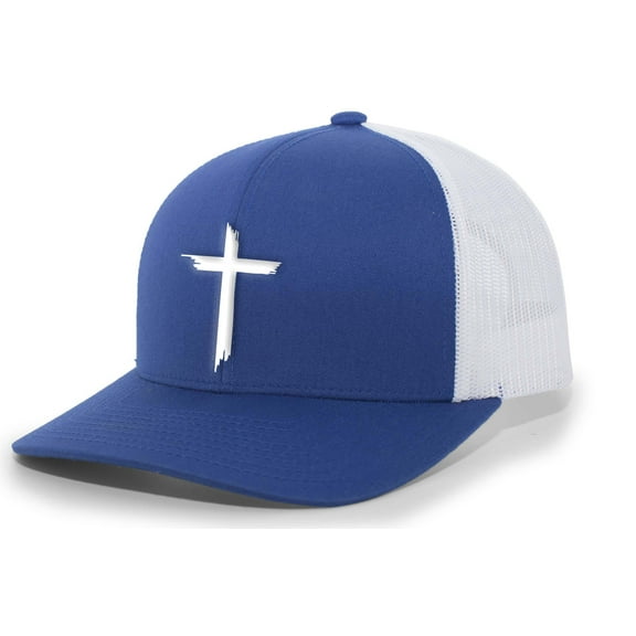 Mens Christian Hat Brush Cross Embroidered Mesh Back Trucker Hat, Royal/White