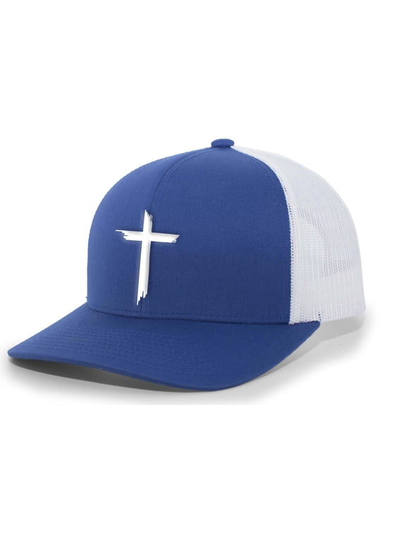 Mens Christian Hat Brush Cross Embroidered Mesh Back Trucker Hat, Royal/White
