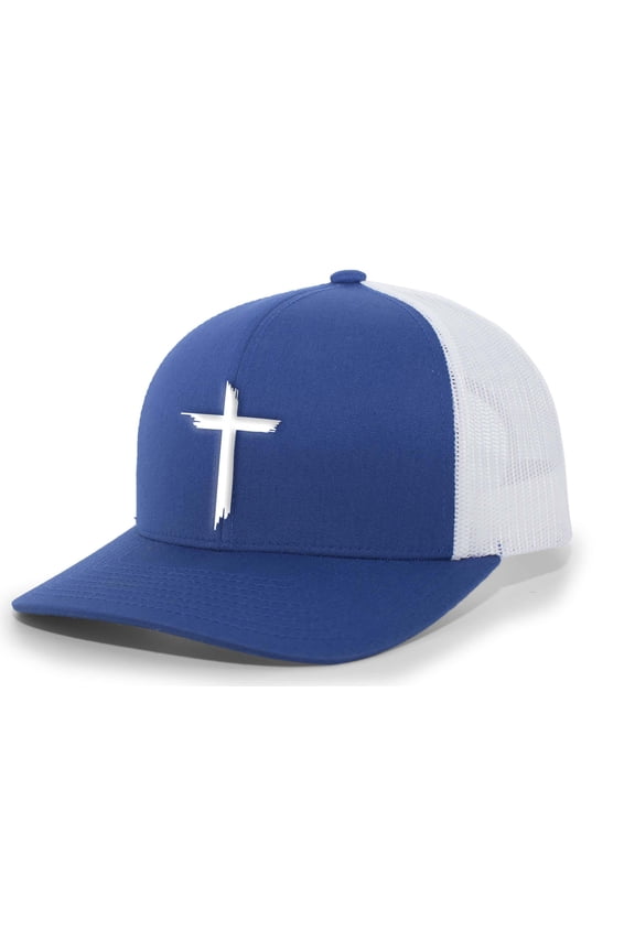 Mens Christian Hat Brush Cross Embroidered Mesh Back Trucker Hat, Royal/White