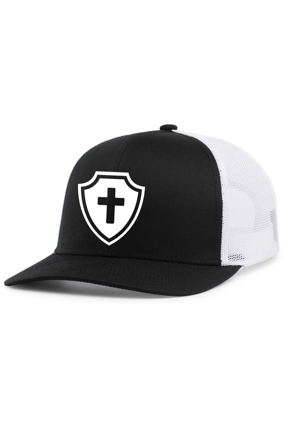 Mens Christian Hat Cross Shield Christ Faith Mesh Back Trucker Hat Baseball Cap-Black/White