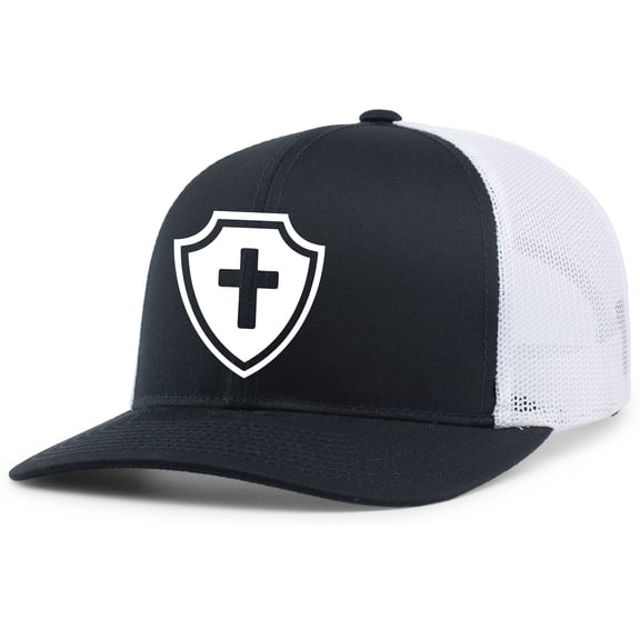 Mens Christian Hat Cross Shield Christ Faith Mesh Back Trucker Hat Baseball Cap-Navy/White