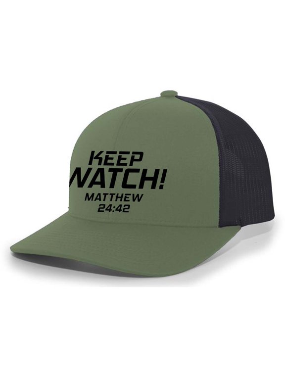 Mens Christian Hat Embroidered Keep Watch Matthew 24:42 Scripture Mesh Back Trucker Hat, Loden/Black