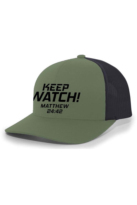 Mens Christian Hat Embroidered Keep Watch Matthew 24:42 Scripture Mesh Back Trucker Hat, Loden/Black
