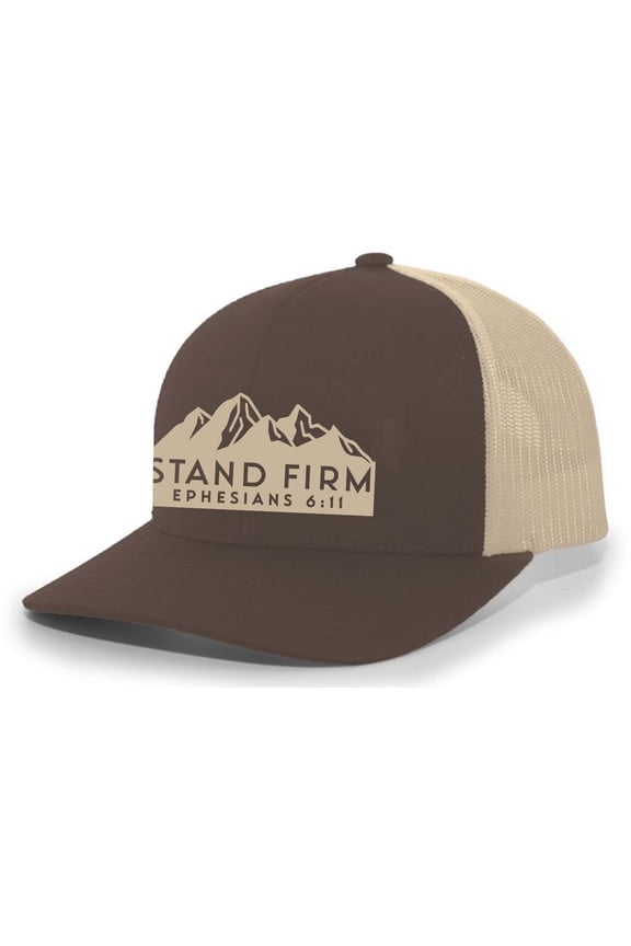 Mens Christian Hat Embroidered Stand Firm Ephesians 6:11 Scripture Mesh Back Trucker Hat, Brown/Khaki