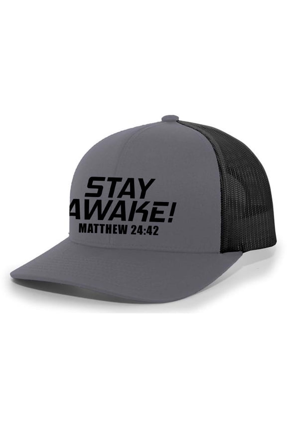 Mens Christian Hat Embroidered Stay Awake Matthew 24:42 Scripture Mesh Back Trucker Hat, Charcoal/Black