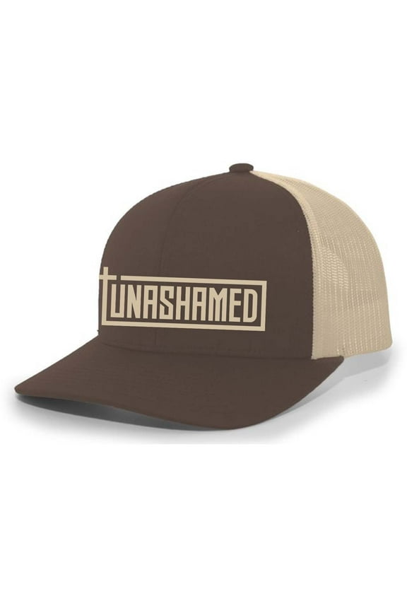 Mens Christian Hat Embroidered Unashamed Cross Scripture Mesh Back Trucker Hat, Brown/Khaki