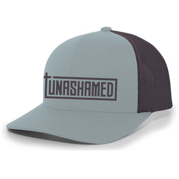Mens Christian Hat Embroidered Unashamed Cross Scripture Mesh Back Trucker Hat, Smoke Blue/Charcoal
