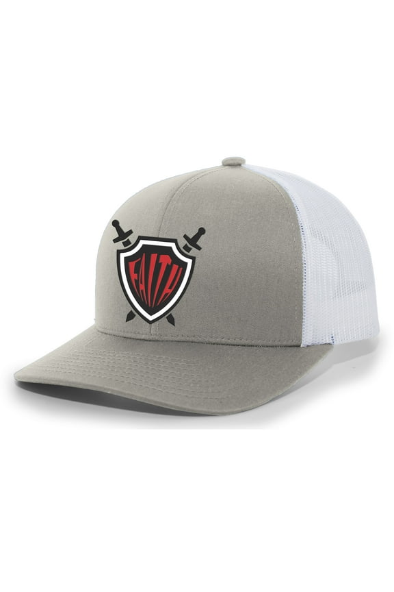 Mens Christian Hat Faith Shield Christ Faith Mesh Back Trucker Hat Baseball Cap-Heather Grey/White