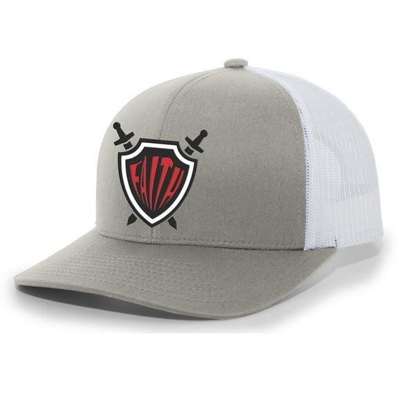Mens Christian Hat Faith Shield Christ Faith Mesh Back Trucker Hat Baseball Cap-Heather Grey/White