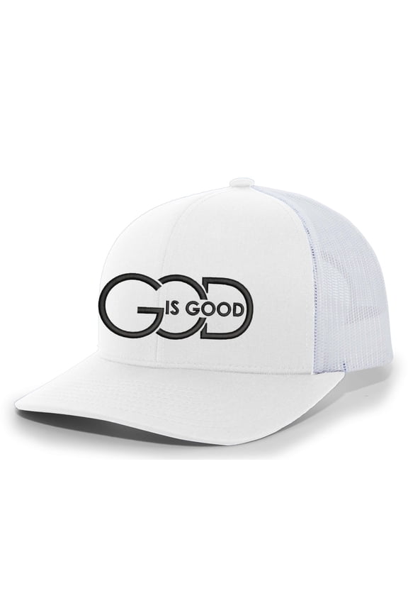 Mens Christian Hat God is Good Mens Christian Mesh Back Trucker Hat Baseball Cap-White/White