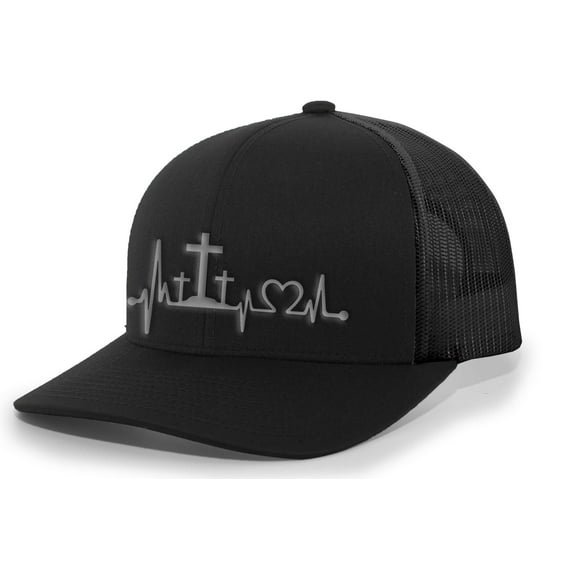 Mens Christian Hat Heartbeat Cross Embroidered Mesh Back Trucker Hat, Black/Black