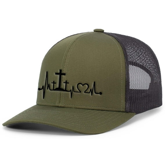Mens Christian Hat Heartbeat Cross Embroidered Mesh Back Trucker Hat, Loden/Black