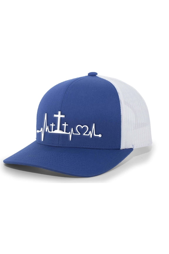 Mens Christian Hat Heartbeat Cross Embroidered Mesh Back Trucker Hat, Royal/White