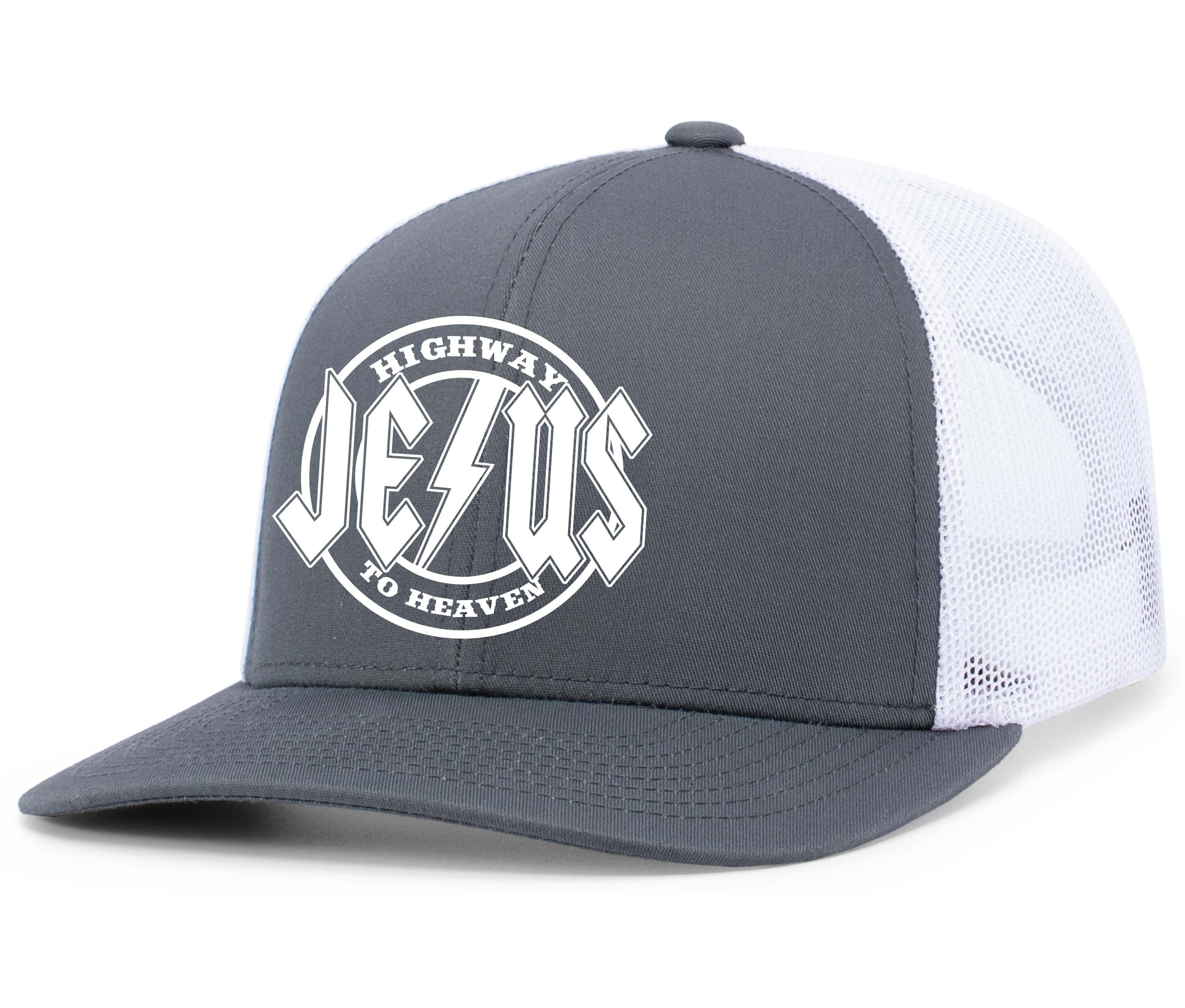 Mens Christian Hat Highway to Heaven Jesus Mens Christian Mesh Back Trucker Hat Baseball Cap-Charcoal/White