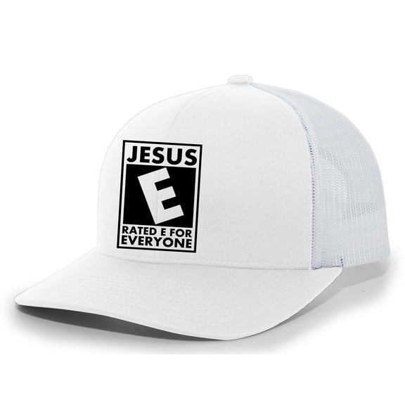 Mens Christian Hat Jesus Rated E for Everyone Mens Christian Mesh Back Trucker Hat Baseball Cap-White/White