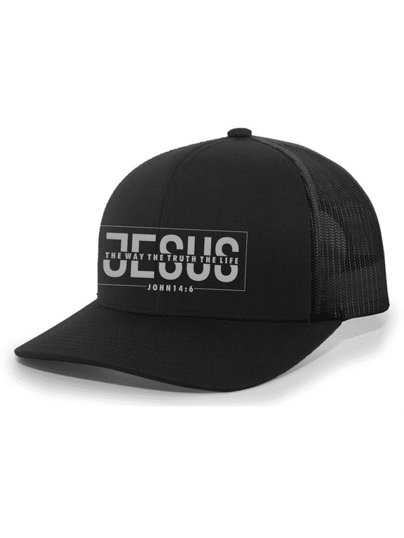Mens Christian Hat Jesus The Way The Truth The John 14:6 Christ Faith Mesh Back Trucker Hat Baseball Cap-Black/Black
