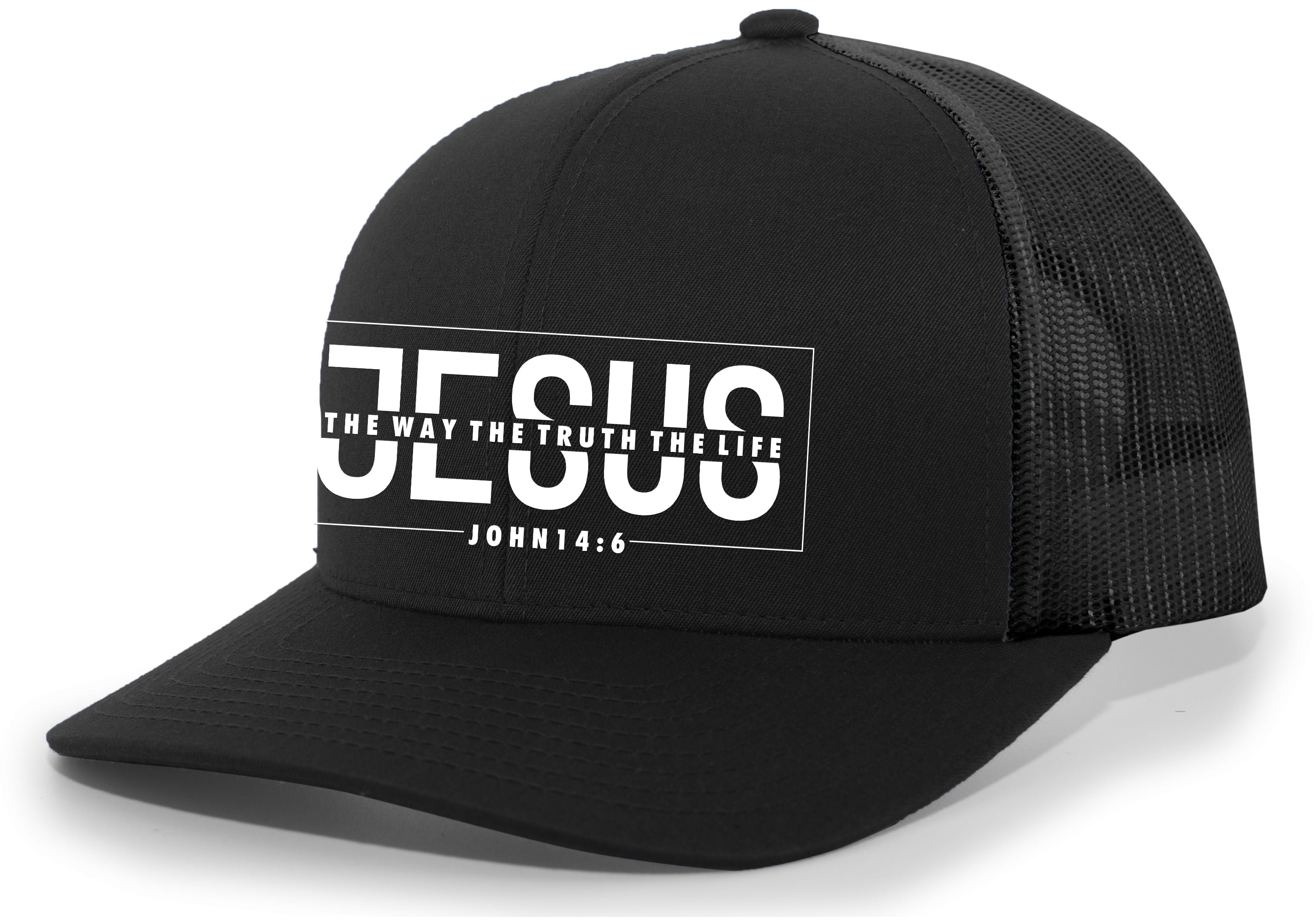 Mens Christian Hat Jesus The Way The Truth The John 14:6 Christ Faith Mesh Back Trucker Hat Baseball Cap-Black/Black