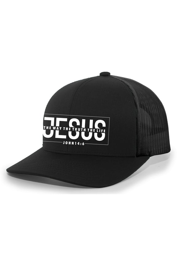 Mens Christian Hat Jesus The Way The Truth The John 14:6 Christ Faith Mesh Back Trucker Hat Baseball Cap-Black/Black
