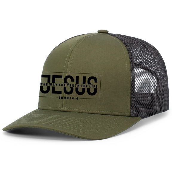 Mens Christian Hat Jesus The Way The Truth The John 14:6 Christ Faith Mesh Back Trucker Hat Baseball Cap-Loden/Black