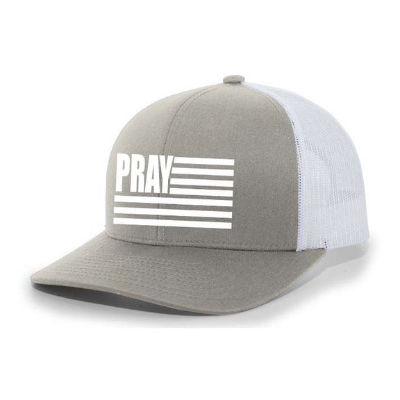 Mens Christian Hat Pray American Flag USA Patriotic Christian Mens Mesh Back Trucker Hat Baseball Cap-Heather Grey/White