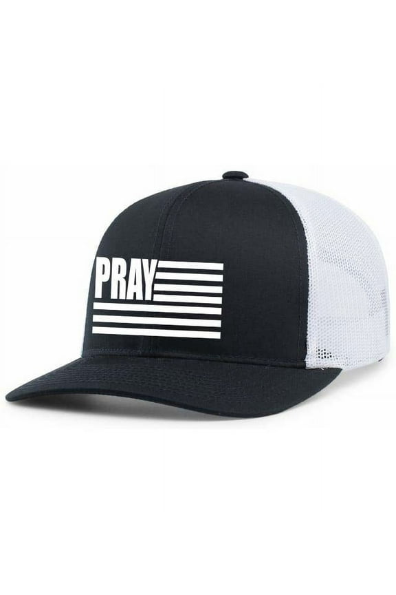 Mens Christian Hat Pray American Flag USA Patriotic Christian Mens Mesh Back Trucker Hat Baseball Cap-Navy/White