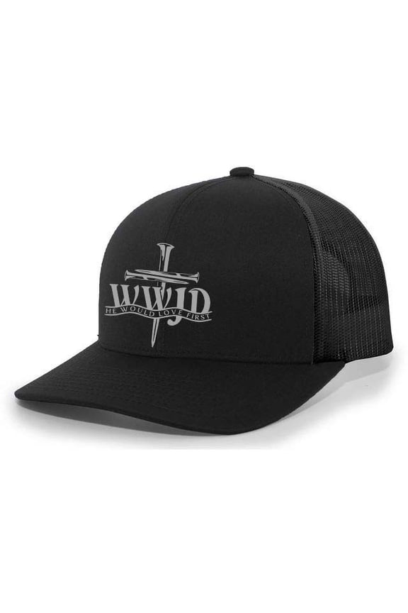 Mens Christian Hat WWJD He Would Love Mens Mesh Back Trucker Hat Baseball Cap-Black/Black