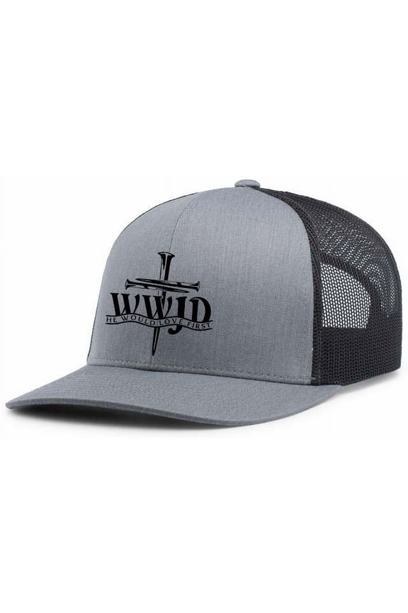 Mens Christian Hat WWJD He Would Love Mens Mesh Back Trucker Hat Baseball Cap-Heather Grey/Black