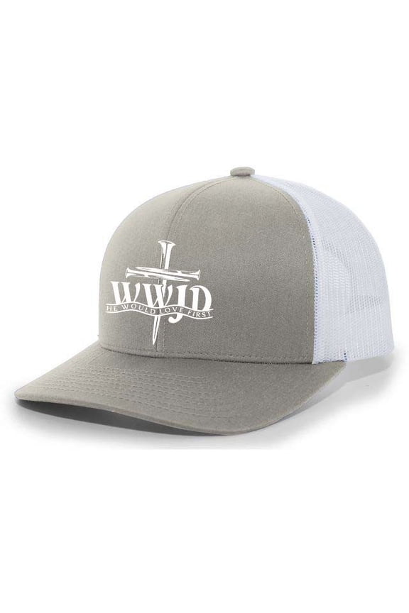 Mens Christian Hat WWJD He Would Love Mens Mesh Back Trucker Hat Baseball Cap-Heather Grey/White