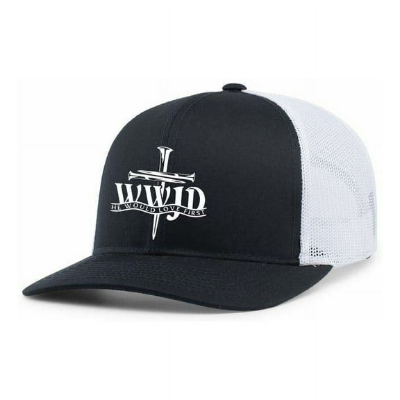 Mens Christian Hat WWJD He Would Love Mens Mesh Back Trucker Hat Baseball Cap-Navy/White