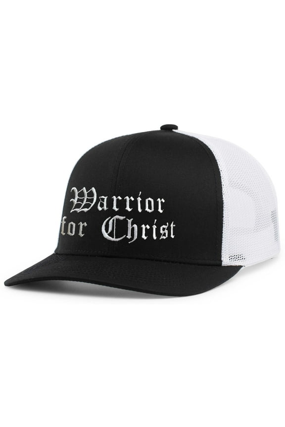 Mens Christian Hat Warrior for Christ Mens Christian Mesh Back Trucker Hat Baseball Cap-Black/White