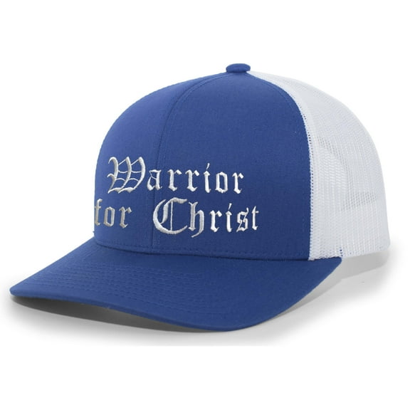 Mens Christian Hat Warrior for Christ Mens Christian Mesh Back Trucker Hat Baseball Cap-Royal Blue/White