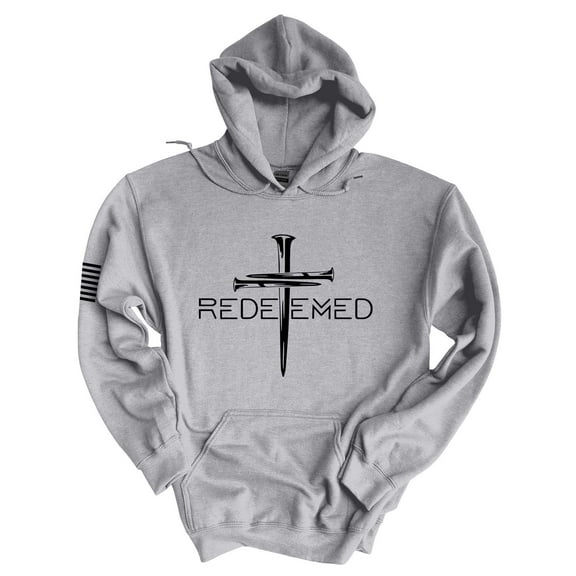 Mens Christian Hoodie Redeemed Nail Cross Hooded Sweatshirt Hoodie-Sports Grey-medium