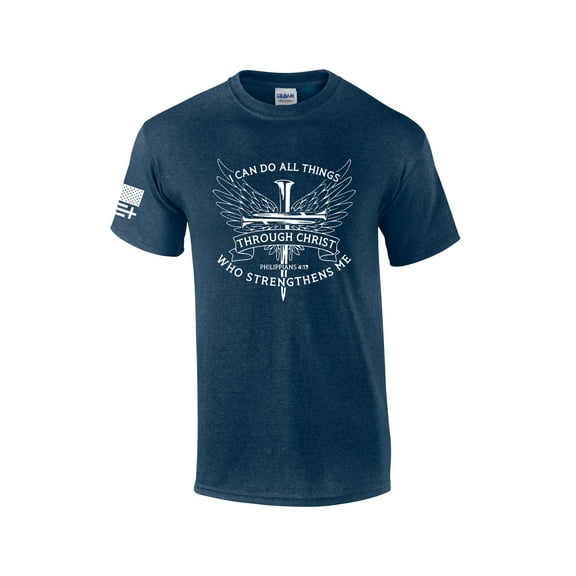 Mens Christian I Can Do All Things Through Christ Philippians 4:13 Short Sleeve T-shirt Graphic Tee-Heather Navy-4xl