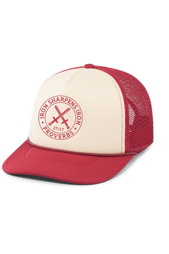 Mens Christian Iron Sharpens Iron Embroidered Rope Hat Foam Front Mesh Back Trucker Hat, Khaki/Dark Red/Dark Red
