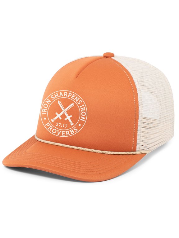 Mens Christian Iron Sharpens Iron Embroidered Rope Hat Foam Front Mesh Back Trucker Hat, Rust/Khaki/Rust